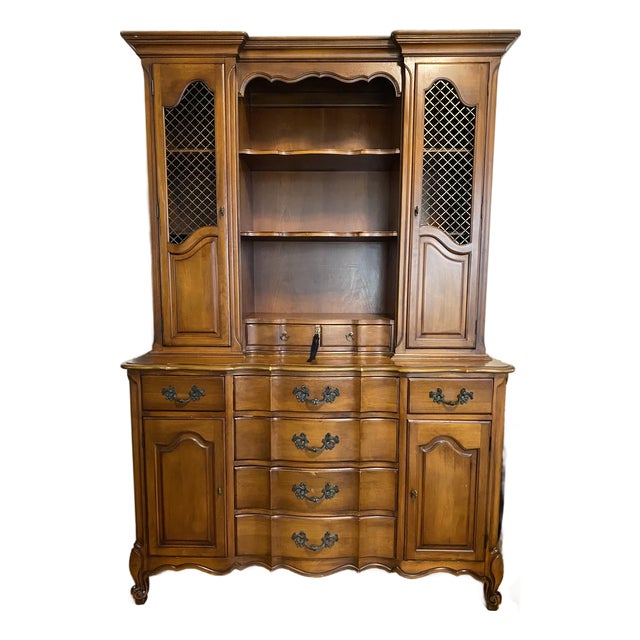 Rare Two Piece Mid-Century Vintage Queen Anne Mahogany Hutch With Green Leather Gold Embossed Desk and China Cabinet Features For Sale