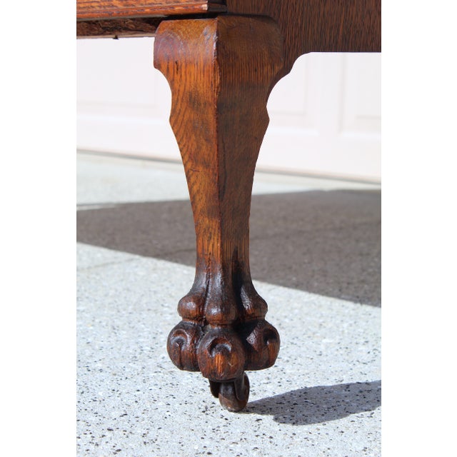 Antique Victorian Quarter-Sawn Tiger Oak Buffet Sideboard With Beveled Mirror and Lion Paw Feet on Casters For Sale - Image 9 of 12