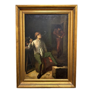 Early 1900's Oil on Canvas "The Smoker" Signed Santamaria For Sale