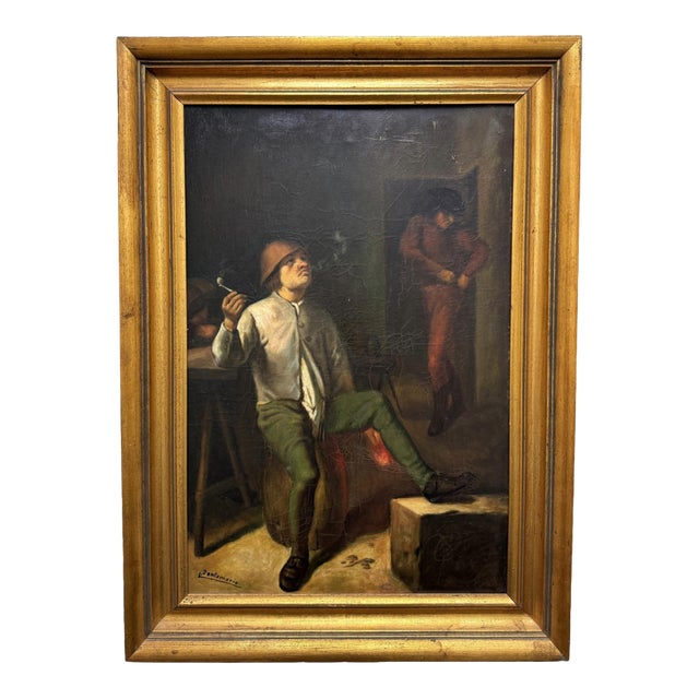 Early 1900's Oil on Canvas "The Smoker" Signed Santamaria For Sale