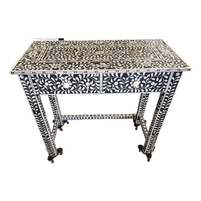 Aditya Handicrafts Indian Black & White Floral Bone Inlay Two-Drawer Console Table, 2021 For Sale