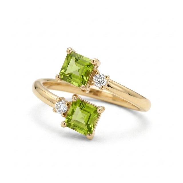 Contemporary Dainty Peridot Double Stone Ring - Toi Et Moi Stacking Ring - August Birthstone Ring Us 7 For Sale - Image 3 of 3