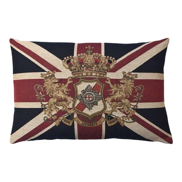 Union Jack Crest Large Tapestry Cushion With Feather Filler - 45x70cm (18”x27”) For Sale