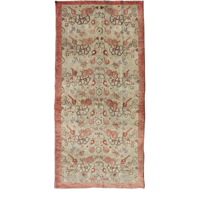 Vintage Turkish Oushak Rug With Pale Cream Field and Soft Rose Border For Sale