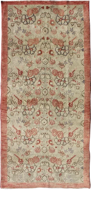 Vintage Turkish Oushak Rug With Pale Cream Field and Soft Rose Border