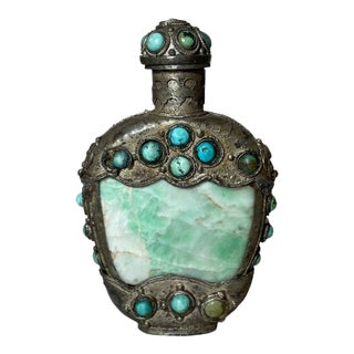 Antique Bronze Turquoise Green Jade Stone Hand Carved Chinese Snuff Bottle Jar For Sale