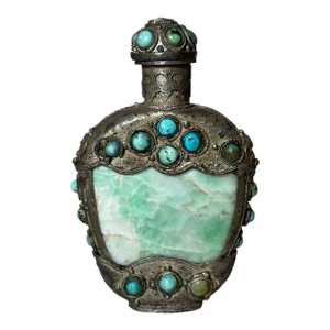 Antique Bronze Turquoise Green Jade Stone Hand Carved Chinese Snuff Bottle Jar