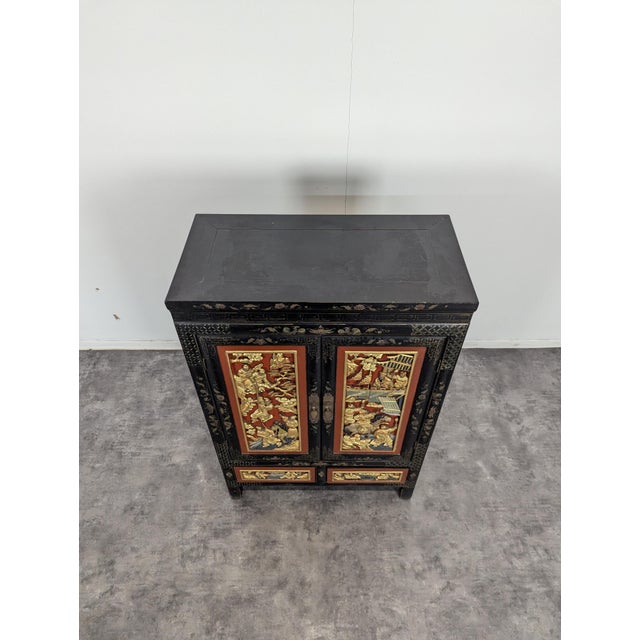 Asian Cabinet with Polychrome Sculpted Panels For Sale - Image 3 of 9