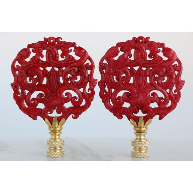 Red Laced Dragon Lamp Finials on Brass Hardware - A Matching Pair For Sale - Image 4 of 6