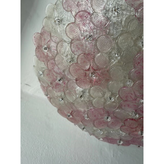 1950s Big Pink & Clear Barovier Toso Midcentury Murano Flowers Flush Mount Chandelier For Sale - Image 9 of 10