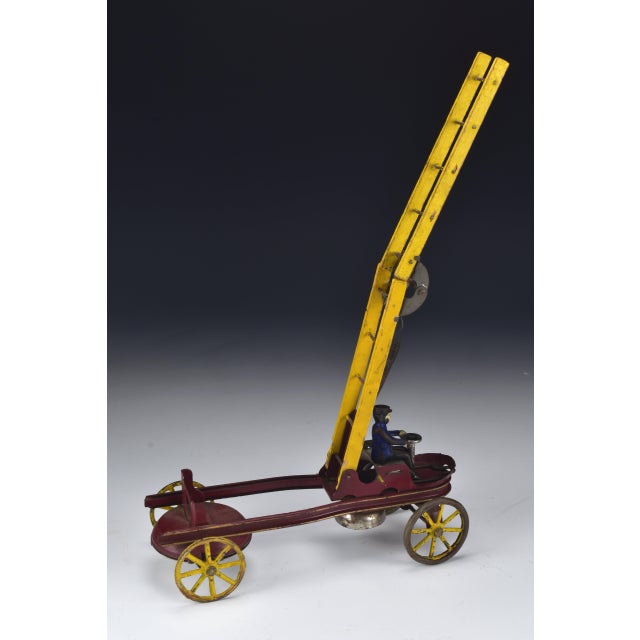 Vintage Kingsbury Toy Wind Up Ladder Fire Truck 1920's Pressed Steel