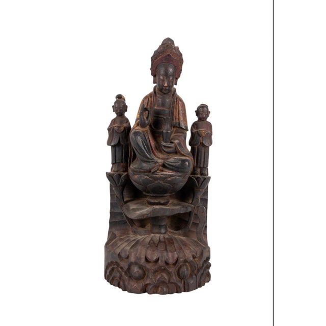 Brown 19th Century Chinese Qing Dynasty Carved Wood Guanyin Sculpture With Attendants For Sale - Image 8 of 8