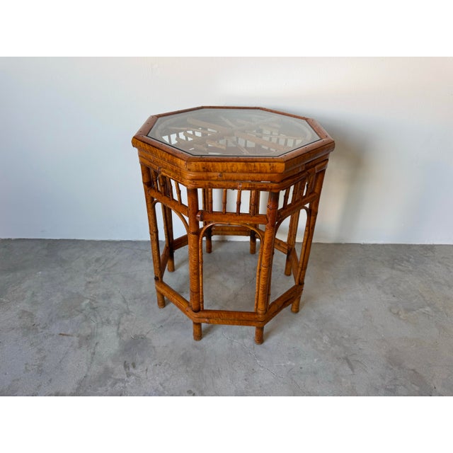 Chinoiserie Vintage Burnt Bamboo Octagonal Brighton Pavilion-Style Side Table For Sale - Image 3 of 12