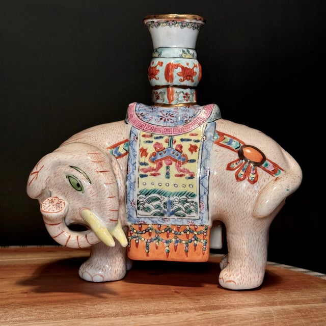 Early 20th Century Chinese Export Famille Rose Enameled Elephant Candle/Joss Holders- Set of 2 For Sale - Image 4 of 11