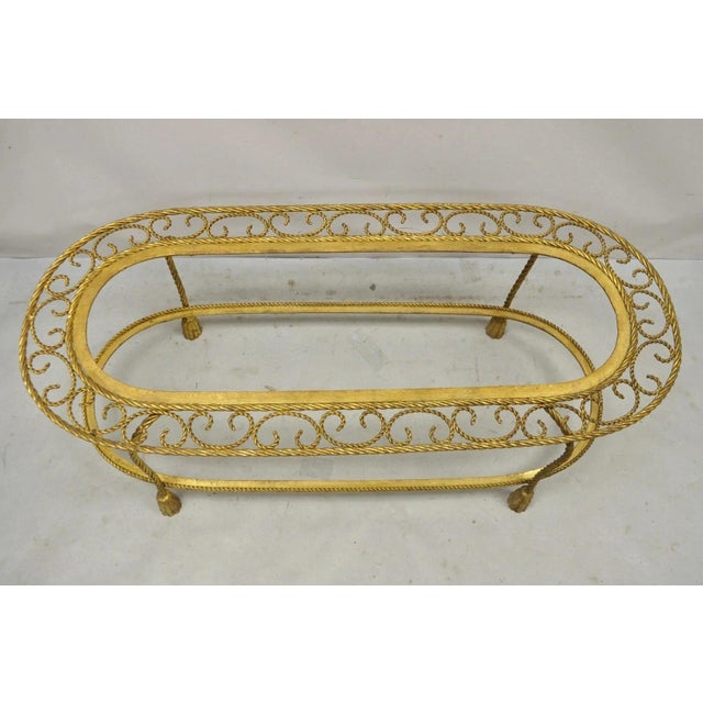 Hollywood Regency Mid 20th Century Italian Hollywood Regency Gold Gilt Iron Oval 2 Tier Rope Tassel Coffee Table For Sale - Image 3 of 10
