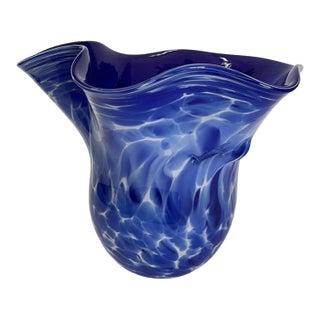 Vintage Hand Blown Murano Style Cobalt Blue Handkerchief Vase For Sale