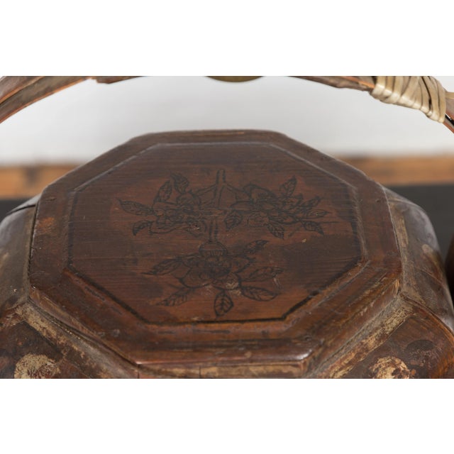 Wood Chinese Antique Lacquered Gift Delivering Basket with Hand Painted Floral Décor For Sale - Image 7 of 13