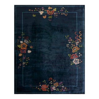 1920s Blue Navy Field Floral Antique Chinese Art Deco Carpet 9' X 11'4" Knotted Wool Rug For Sale