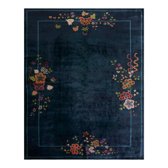 1920s Blue Navy Field Floral Antique Chinese Art Deco Carpet 9' X 11'4" Knotted Wool Rug For Sale