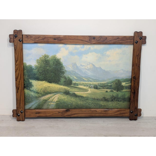 Picturesque painting on board - Alpine landscape painting A picturesque landscape depicting an Alpine landscape with green...