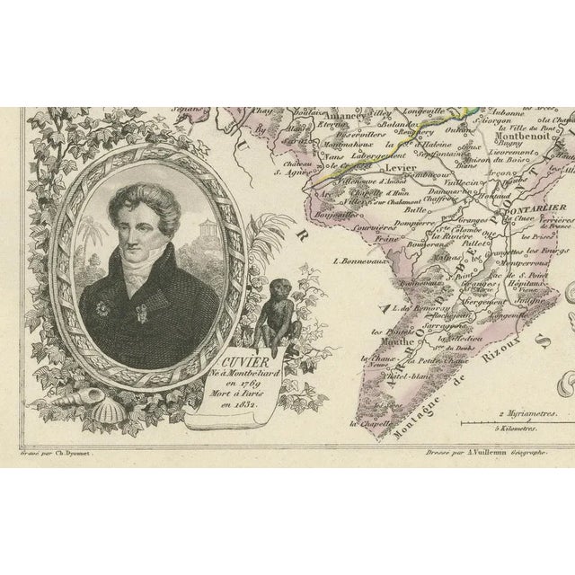 Map of Doubs France with Besançon and Swiss Border Landscape, 19th Century : This decorative 19th-century map of the...