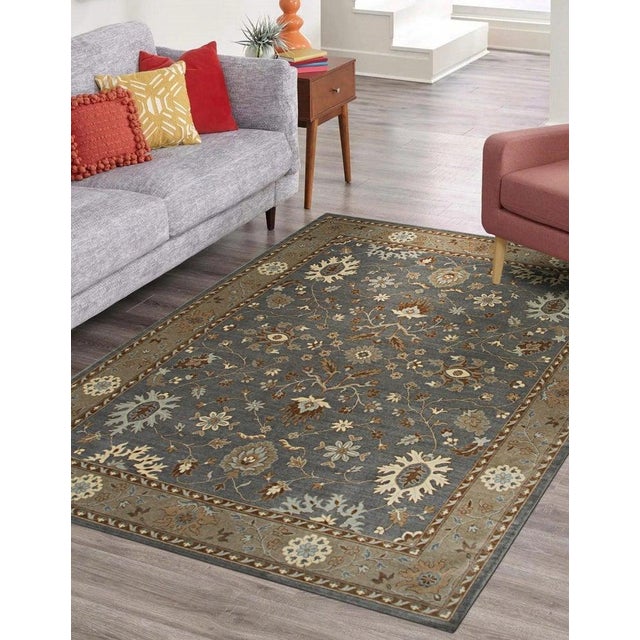 Indian 8x10 Gray Hand-Knotted Wool Floral Symmetry Traditional Modern Carpet Rug For Sale - Image 3 of 3