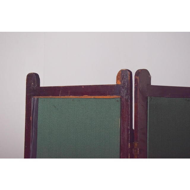 Wood Wooden Folding Screen with Green Fabric Panels, 1950 For Sale - Image 7 of 8