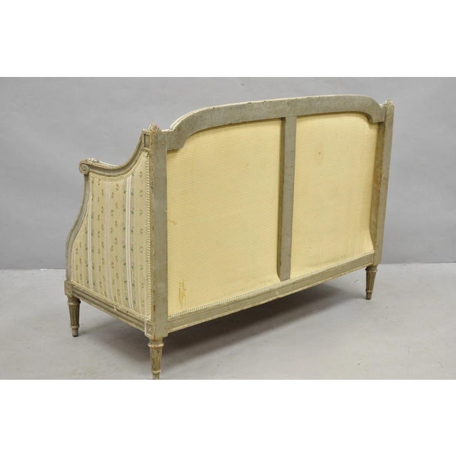 French Antique French Louis XVI Style Cream Distress Painted Petite Canape Settee Sofa For Sale - Image 3 of 18