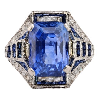 1930s Art Deco French Gia 7.86 Carat No Heat Sapphire Diamond Platinum Ring For Sale