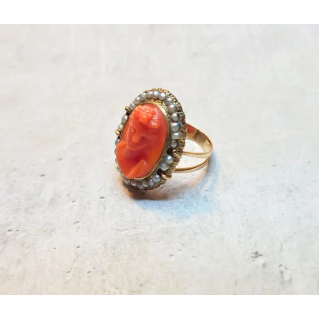 Antique Victorian Coral Cameo Pearl Gold Ring Size 6 For Sale - Image 4 of 9