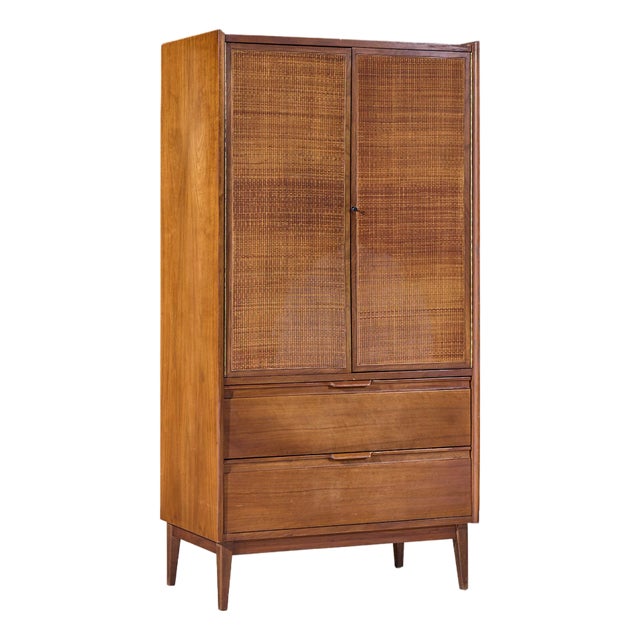 American of Martinsville Mid Century Walnut and Cane Armoire Dresser For Sale