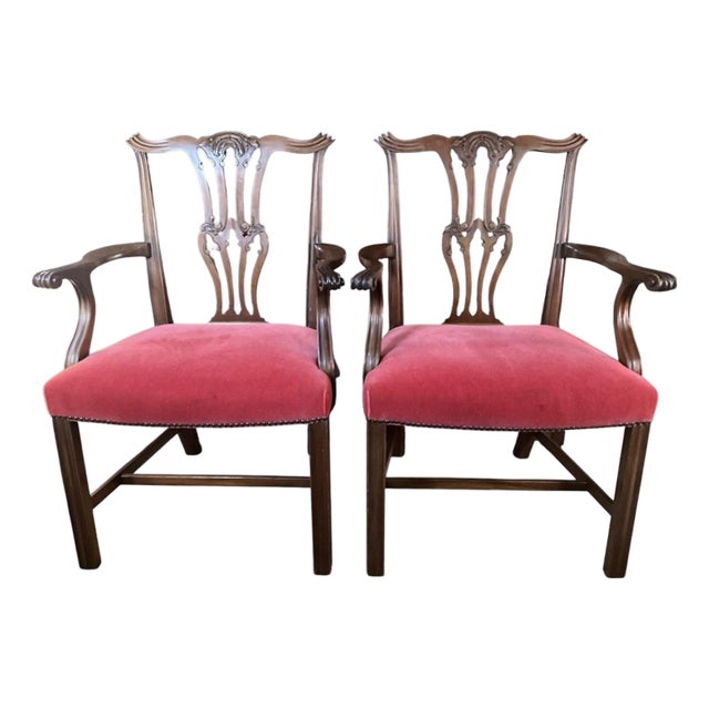 Pair of Vintage English Chippendale Style Mahogany Library Armchairs in Crimson Velvet For Sale