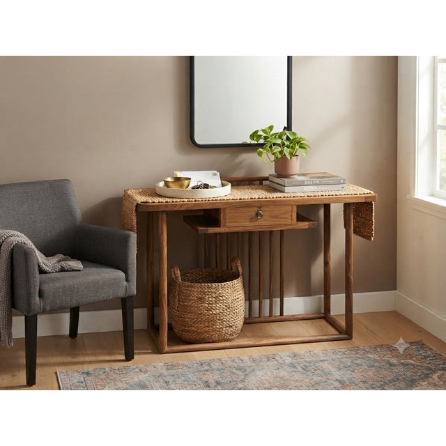 Wood Simple Oriental Minimalistic Natural Wood Console Side Table Desk For Sale - Image 7 of 14