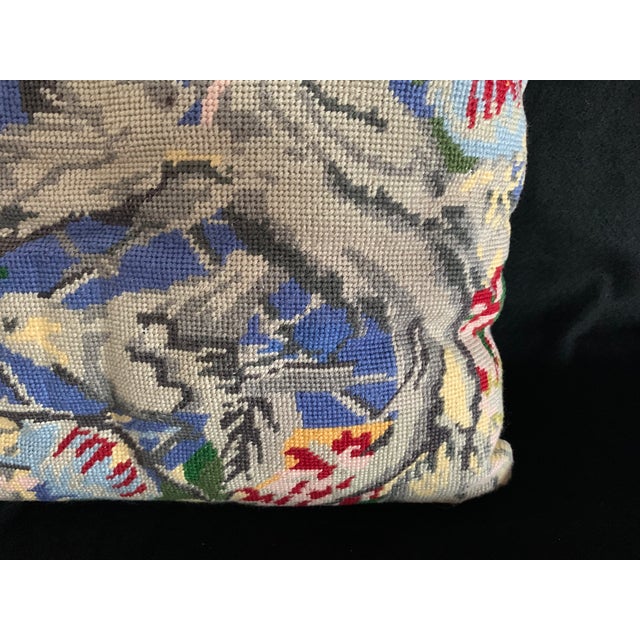2000 - 2009 Vintage Handmade Wool Needlepoint Throw Pillow Jacobean Birds Flowers Sateen Back For Sale - Image 5 of 7