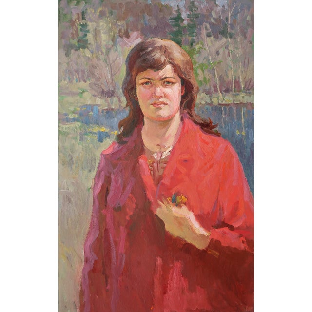 Soviet Woman Portrait, Original Oil Painting, Ukrainian Artist, 1970s 80-49 For Sale