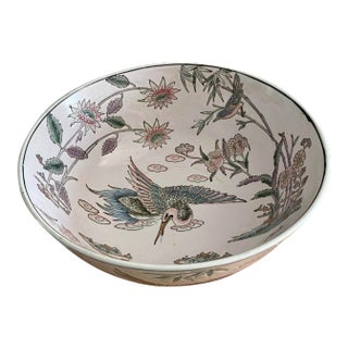 Large Chinoiserie Pale Pink Bowl With Crane For Sale