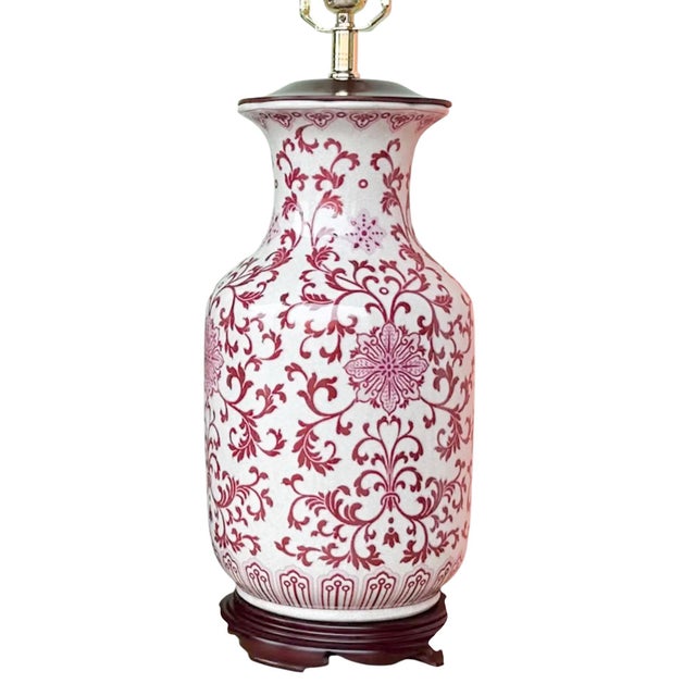 Mid 20th Century Chinoiserie Ginger Jar Table Lamp Rose Floral Scroll Wood Base For Sale - Image 4 of 7