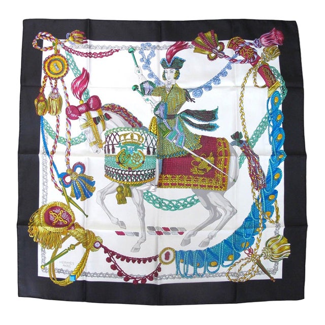 Hermes Paris Carre 90 Le Timbalier Black Border Silk Scarf NWT & Box For Sale