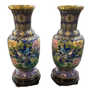 Early 20th Century Exceptional Pair of Chinese Cloisonné Vases With Carved Stands For Sale