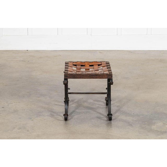 Animal Skin Mid-Century Spanish Brutalist Wrought Iron and Leather Stool, 1960s For Sale - Image 7 of 14