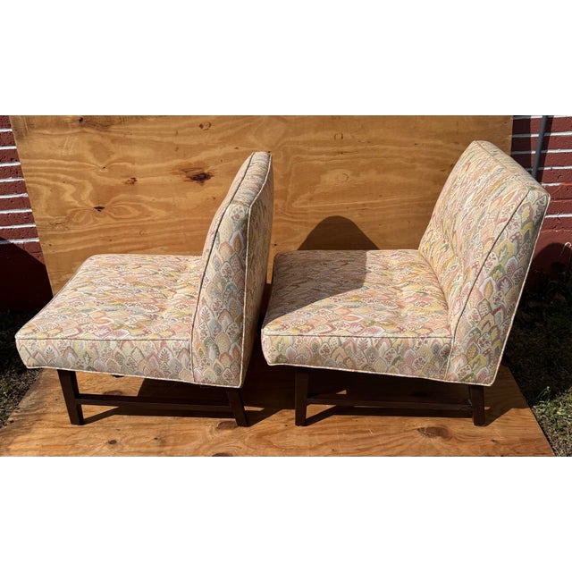 Mid 20th Century Pair Vintage Slipper Lounge Chairs Great Original Fabric Attributed to Edward Wormley for Dunbar For Sale - Image 5 of 12