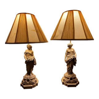 Early 20th Century Large Neoclassical Figural Table Lamps in Cast Stone, 36” – Pair For Sale