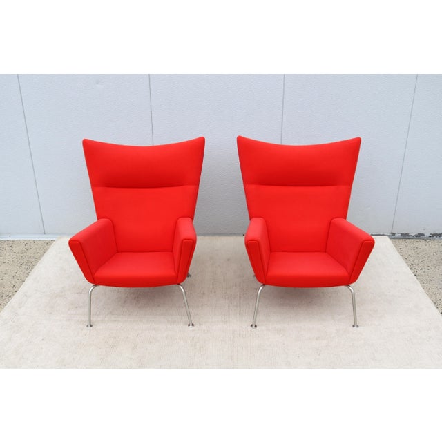 Red MCM Danish Hans J. Wegner for Carl Hansen & Son Ch445 Wing Lounge Chairs, a Pair For Sale - Image 8 of 18