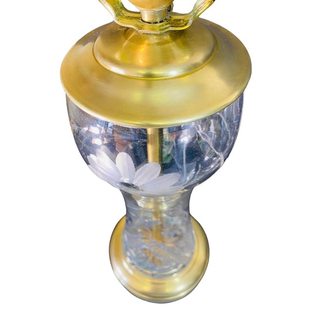Mid 20th Century Mid-Century Brass and Crystal Lamps With Etched Flowers a Pair For Sale - Image 5 of 11