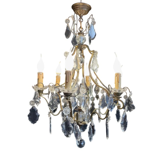 Louis XV Style 6-Arm Chandelier with Glass and Gilded Bronze Pendants, 1920s For Sale