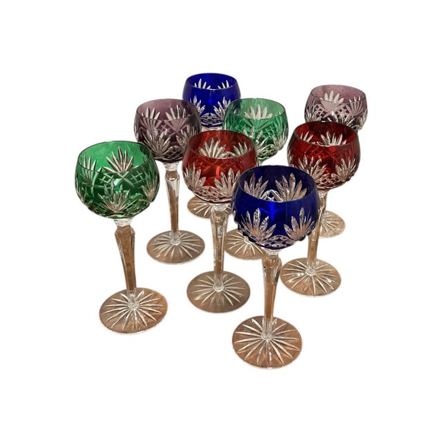 Boho Chic Vintage Set of 8 Beautiful Bohemian Cut to Clear 8 1/2" Wine Glasses Assorted Colors For Sale - Image 3 of 3