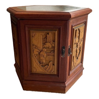 Chinese Carved Hexagonal End Table Cabinet With Glass Top For Sale