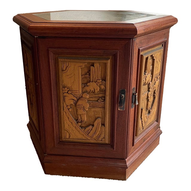 Chinese Carved Hexagonal End Table Cabinet With Glass Top For Sale