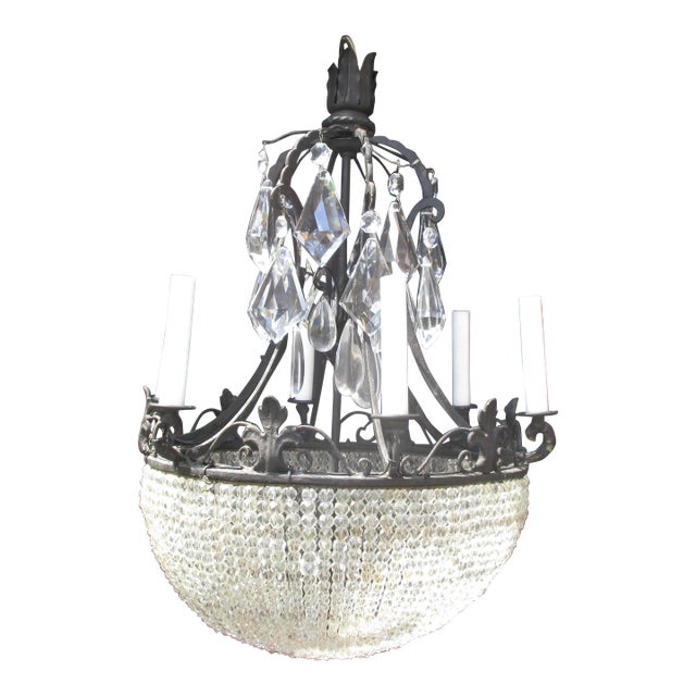 Vintage Chandelier Crystal Beaded Bowl Chandelier Circa 40s For Sale