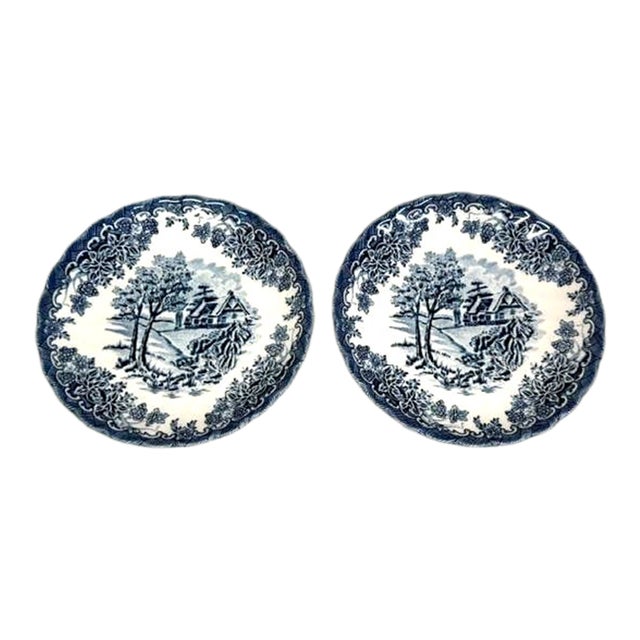 Late 20th Century Churchill the Brook Blue White Dessert Plates Saucers 2pc Fine China Pair 4803b For Sale